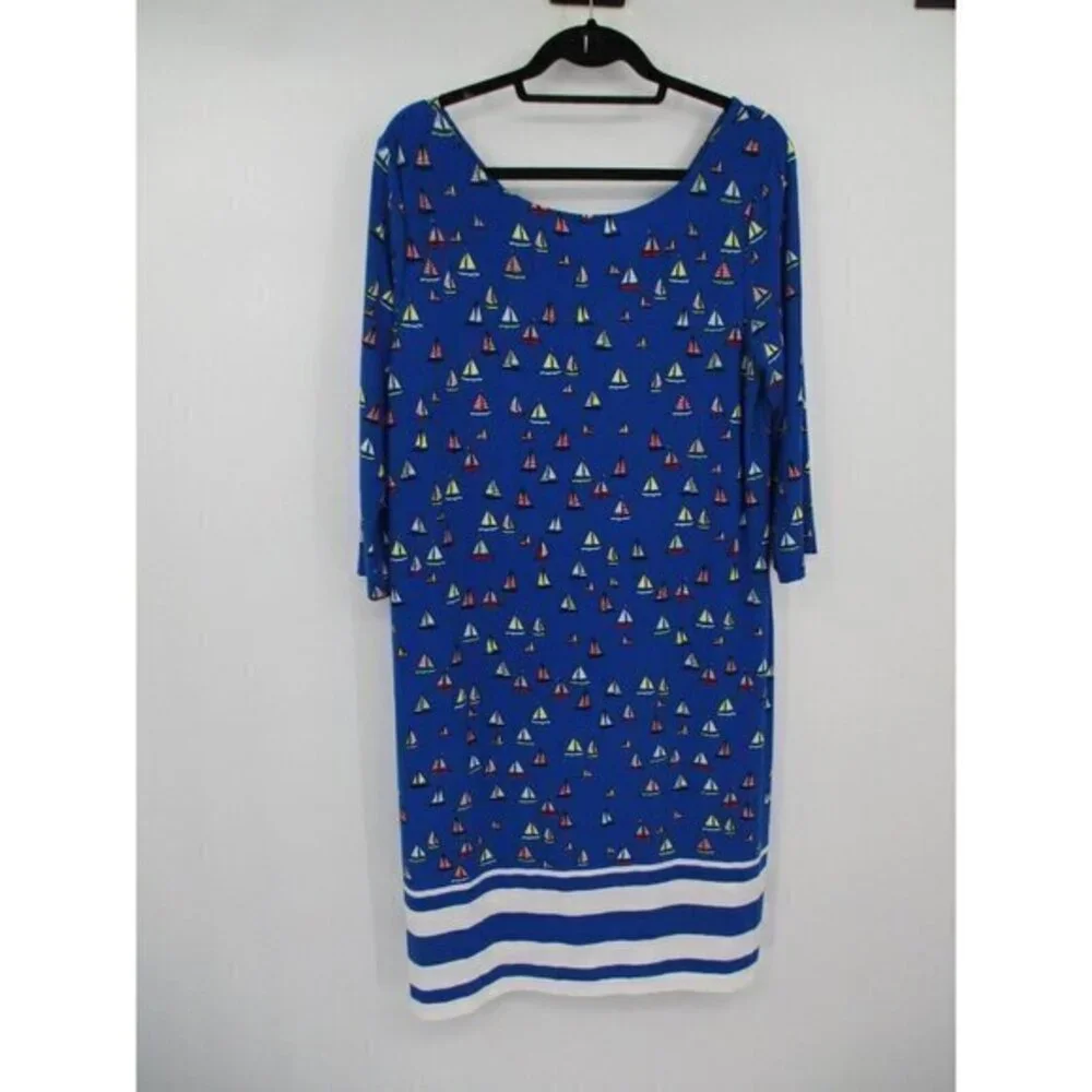 Leota Womens Dress 1X Long Blue Preppy Nautical Ships Boats Stretch Pullover